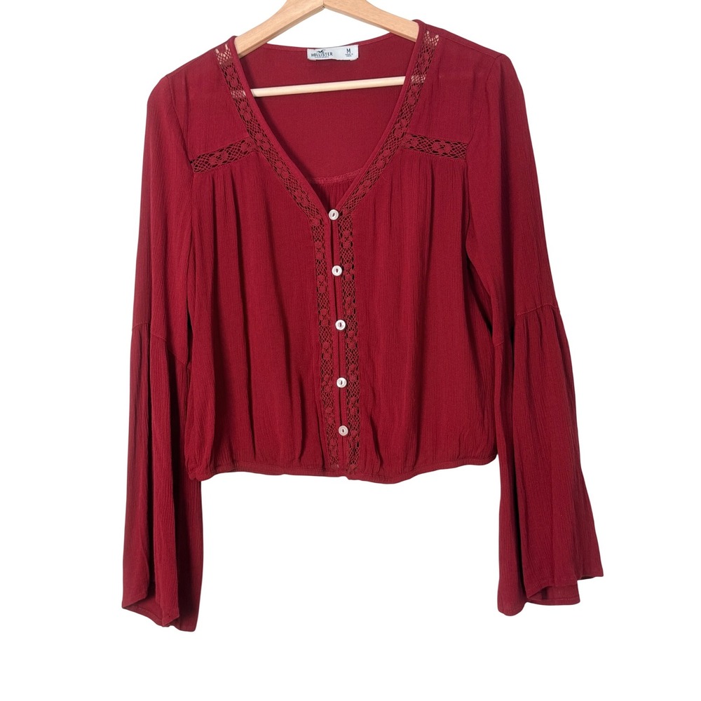Hollister Red Lace Trim Bell Sleeve Cropped Blouse Women's Size Medium Valentine